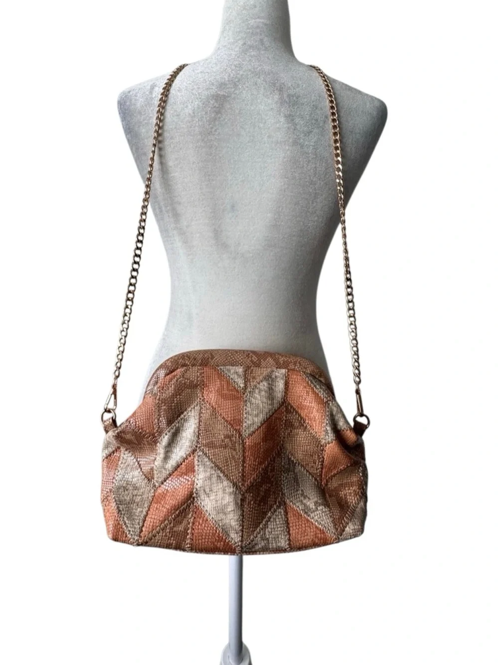 Anthropologie Woven Chevron Pouch Shoulder Bag Beige Tan Gold Chain Strap